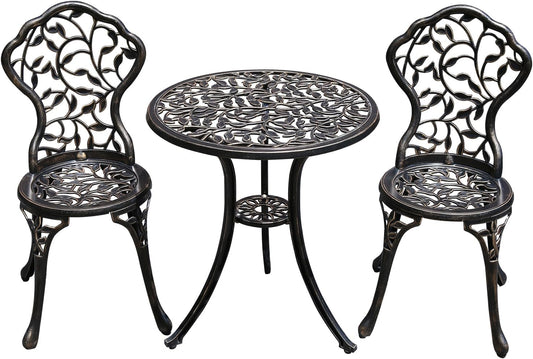 Antieke gegoten aluminium taverne-set, 3-delige set, tuinmeubelset met twee stoelen en ronde tafel, decoratief design, bronzen look (blad)