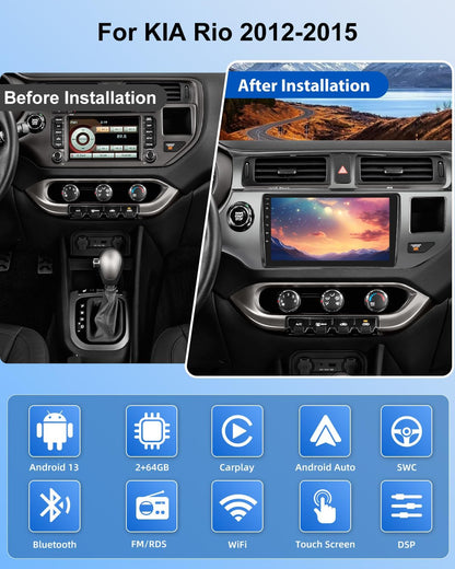 NHOPEEW 2+64G Android 13 Car Stereo voor KIA Rio 2012-2015 met Wireless Carplay & Android Auto - WiFi GPS Mirror Link Stuurwielbediening FM RDS Split Screen 32EQ + Back-up Camera