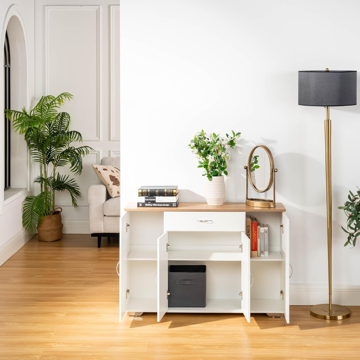 FurnitureR Multi-Storage Unit, Sideboard, Keukenkast, Cupboard met 4 Deuren 1 Drawer, Grote Plankruimte voor Woonkamer, Entrance, Opbergmeubels voor Woonkamer Houten Top, 118 x 30 x 70 cm, Wit