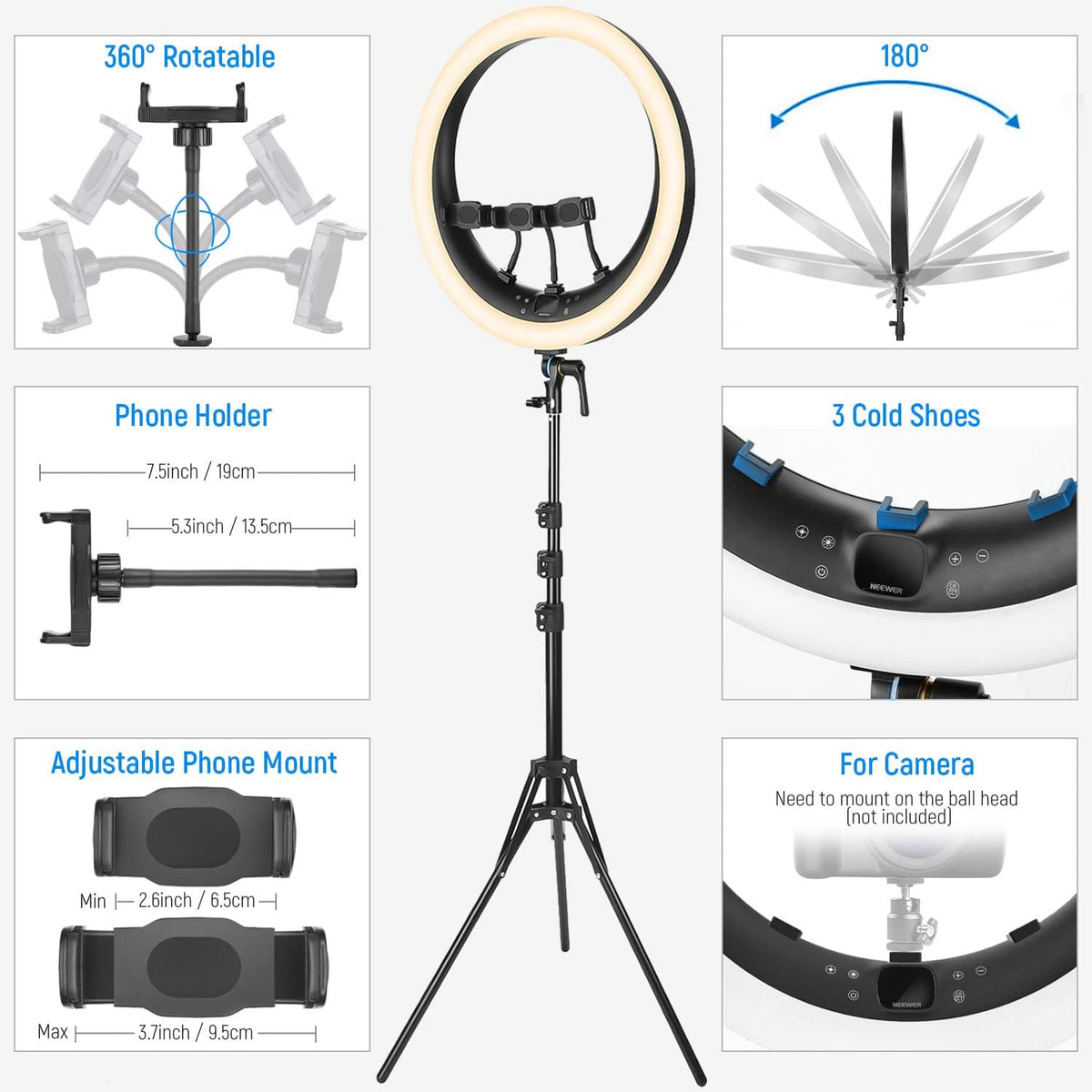 Ringlamp – Led Ringlamp – Videolamp – Selfielamp – Studiolamp – 19 Inch Met Statief En 3 Telefoonhouders – 2,4G Afstandsbediening En 1% Traploos Dimbaar