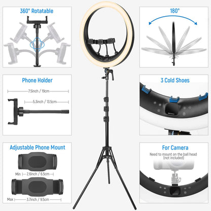 Ringlamp – Led Ringlamp – Videolamp – Selfielamp – Studiolamp – 19 Inch Met Statief En 3 Telefoonhouders – 2,4G Afstandsbediening En 1% Traploos Dimbaar