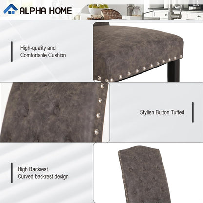 ALPHA HOME Dining Chairs Set of 4, Upholstered Kitchen Chair, Dining Chairs, Tufted Kitchen Chairs with Solid Wood Legs and High Backrest, Faux Leather Padded Parson Chairs, Grey