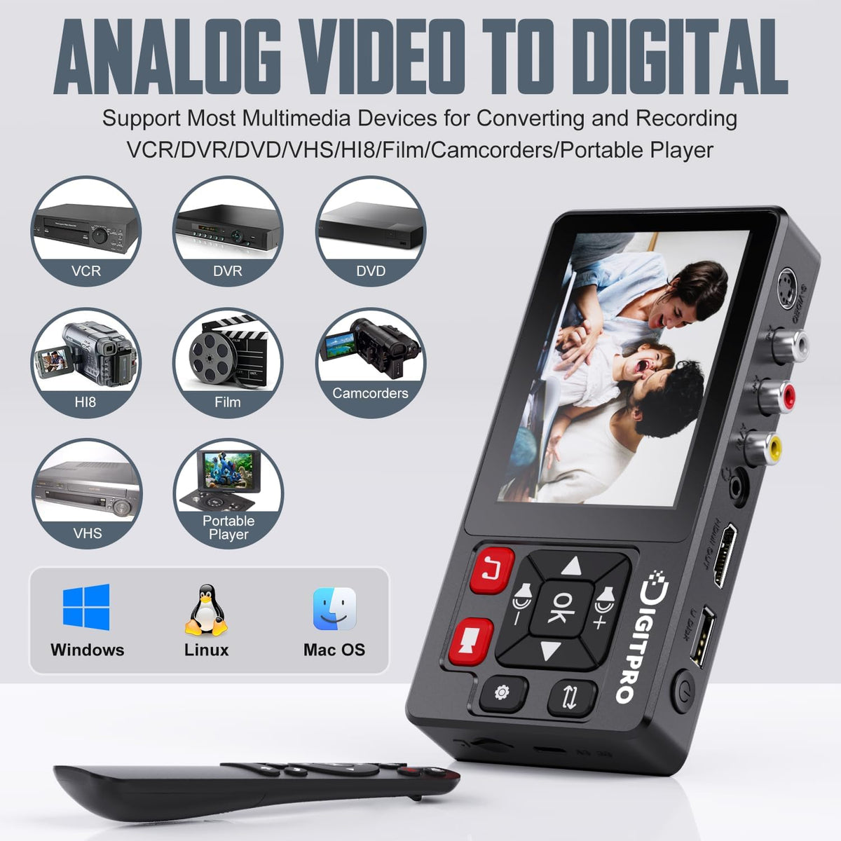 VHS naar digitale converter, HD VHS digitaliseren videorecorder met afstandsbediening, VHS Video Grabber Compatibel met Mini DV, DVD-speler, Blu Ray Player, Hi8, Camcorder, Cassette Tape, Gaming