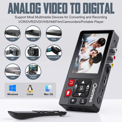 VHS naar digitale converter, HD VHS digitaliseren videorecorder met afstandsbediening, VHS Video Grabber Compatibel met Mini DV, DVD-speler, Blu Ray Player, Hi8, Camcorder, Cassette Tape, Gaming