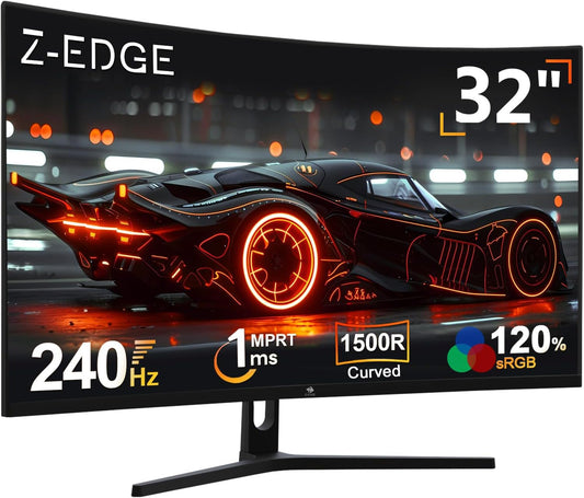 Z-Edge Gaming Monitor Curved 32'' 240Hz, 1ms, 1080P, FreeSync, Screen Game LED 16:9, 1500R VA, Adjustable Tilt, 2*HDMI 2.0 & 2* DP 1.4, RGB Breathlight(HDMI Cable Included)