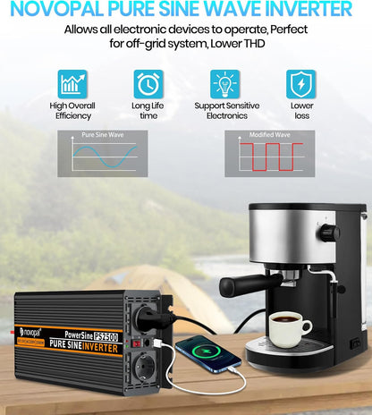 Novopal -2500 W 5000 W omvormer zuivere sinusgolf, stroomomvormer - DC 12 V in AC 220 V 230 V 240 V spanningsomvormer - 2 EU stopcontact met USB-uitgang 5 meter afstandsbediening