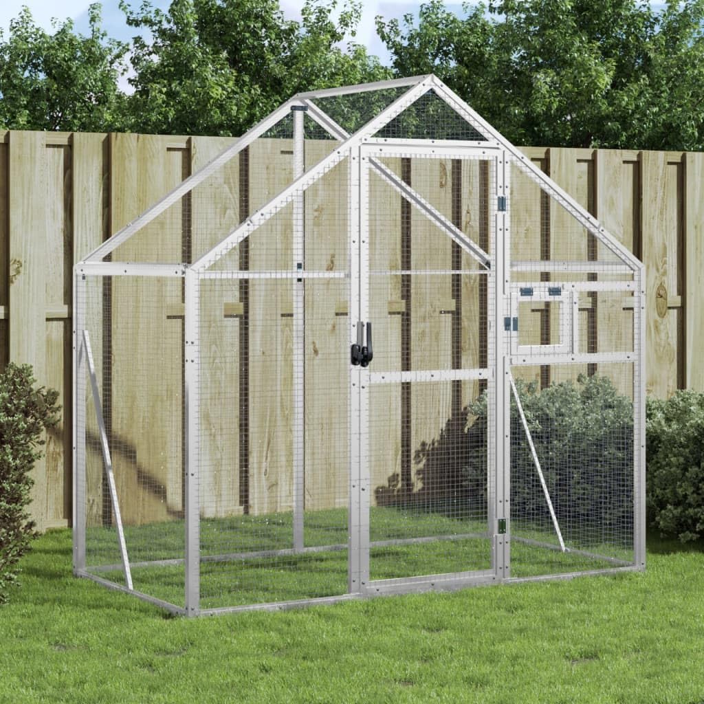 Aviary Bird Aviary, Outdoor Entrance for Bird Cage, Aviary, Chicken Coop with Lockable Door and Window, Silver, 179 x 100 x 185 cm, Aluminium