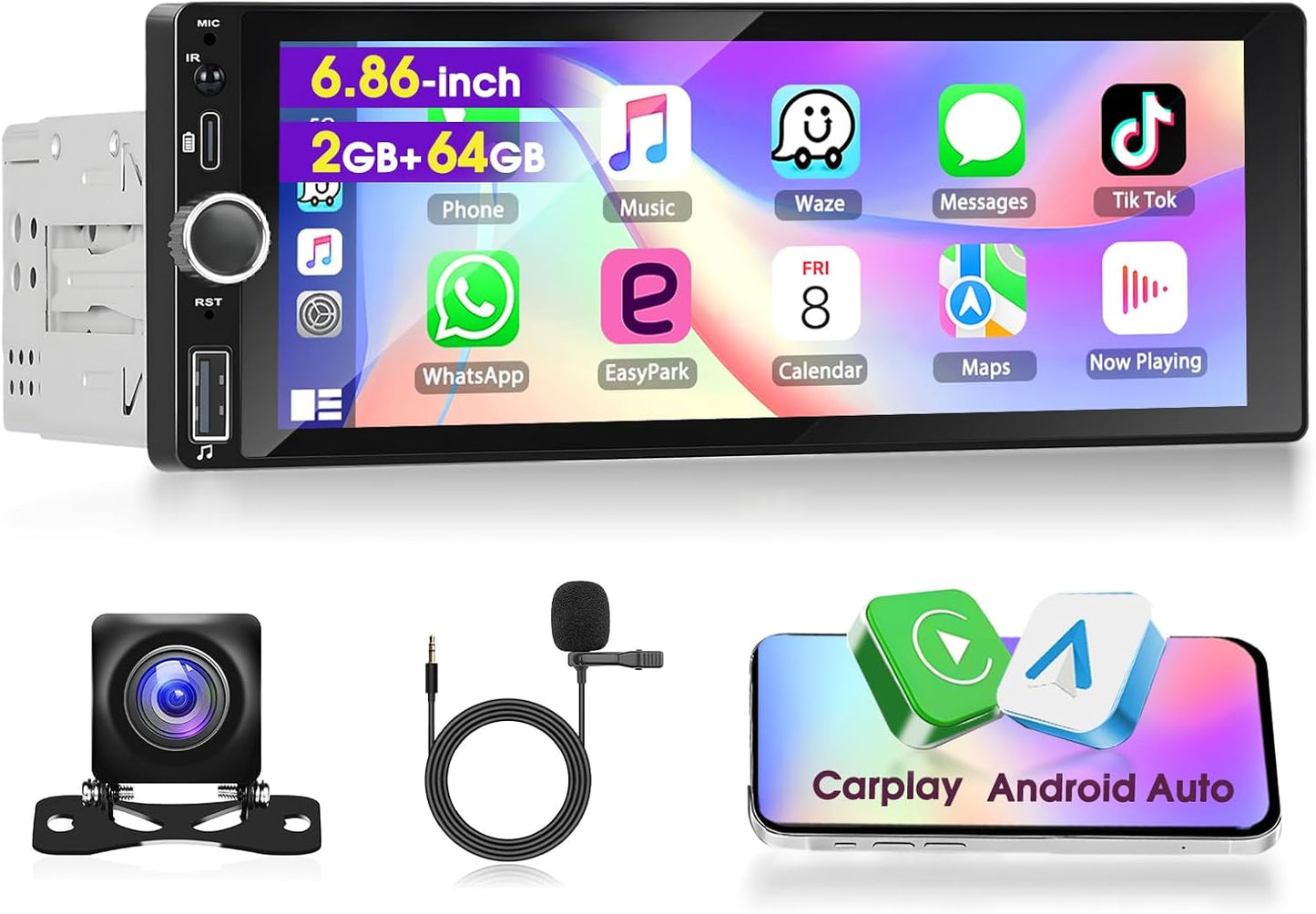 [2G+32G] A-pple Carplay Autoradio Draadloze CarPlay & Android Auto Radio 2din 6,9' HD Touchscreen Stereo Radio, GPS Navigatie/Bluetooth/Mirror Link/SWC/EQ/FM/RDS/Achteruitrijcamera + Microfoon