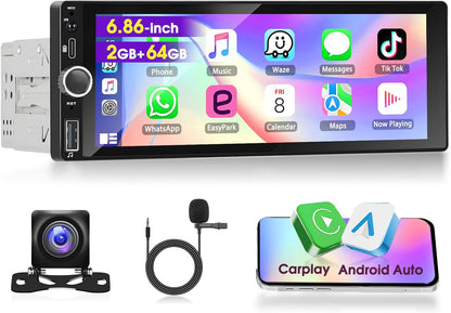 [2G+32G] A-pple Carplay Autoradio Draadloze CarPlay & Android Auto Radio 2din 6,9' HD Touchscreen Stereo Radio, GPS Navigatie/Bluetooth/Mirror Link/SWC/EQ/FM/RDS/Achteruitrijcamera + Microfoon