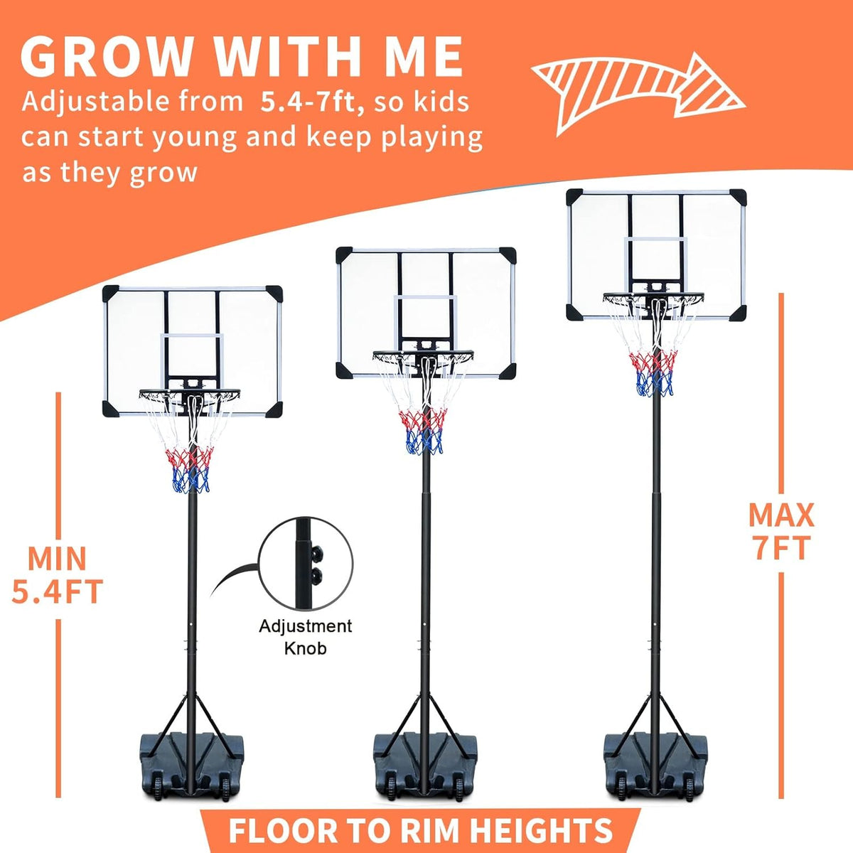 HIONRE Draagbare 7ft Basketbal Transparante Backboard Hoop Net Set Professionele Outdoor Basketbal Stand met Wielen, Verstelbare Hoge 165cm-213cm, Zwart