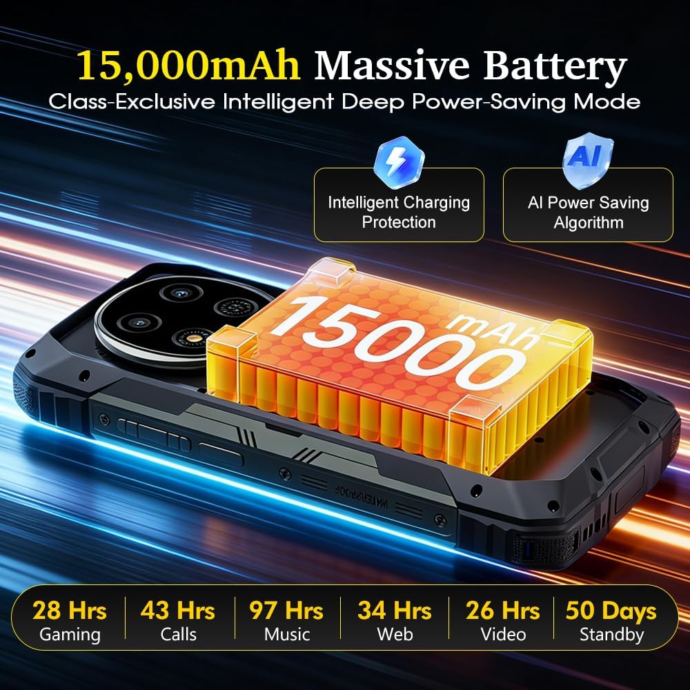 Blackview ROCK 2 PRO 5G mobiele telefoon, onbreekbaar, Android 16, campinglamp 400 Im, 32 GB + 256 GB AI telefoon, 6,67 inch FHD+120 Hz, 15000 mAh, smartphone, onbreekbaar, 16 MP + 13 MP, IP69K/WiFi 5