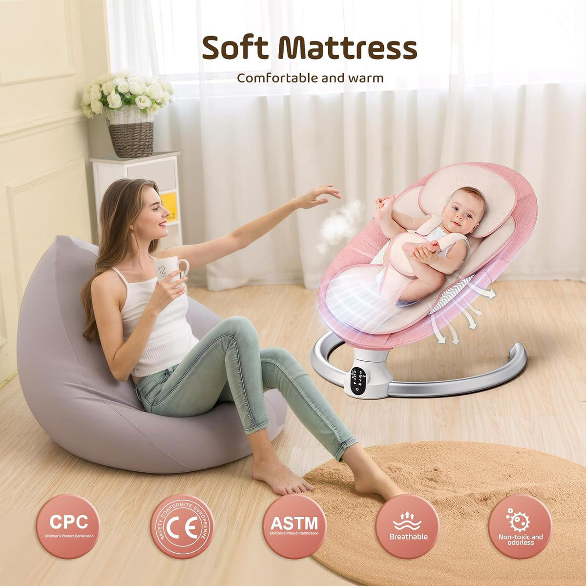 Electric Baby Rocker 0-9 kg Swing with Remote Control and Bluetooth, 5 Swing Widths and 5-Point Safety Belt, Insect Net (Pink) - QUORE