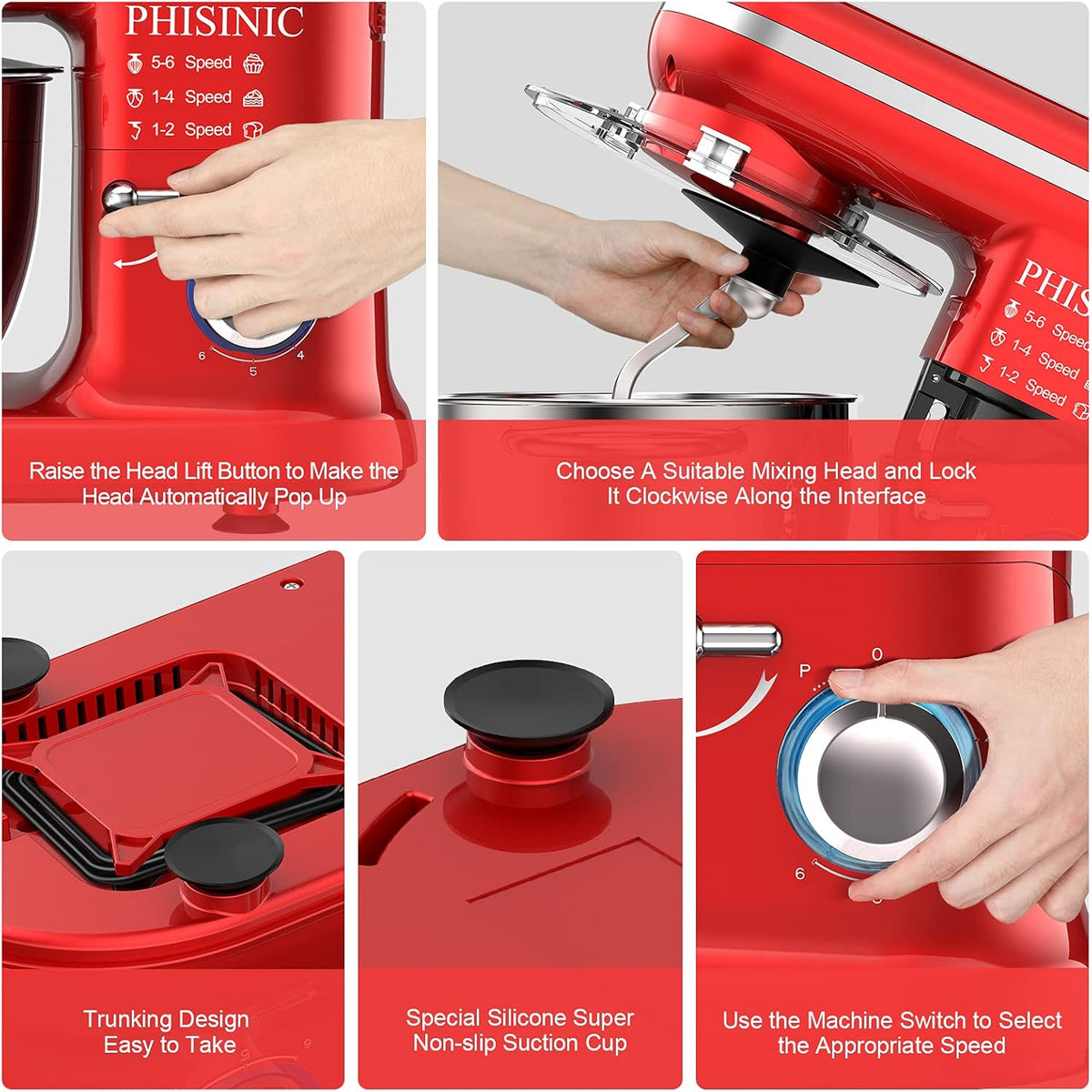 PHISINIC Keukenmachine kneedmachine 1500W deegmachine roermachine met 5,5 L roestvrijstalen kom 6 snelheden geluidsarme deegkneedmachine incl. 3-delige patisserieset en spatbescherming, rood