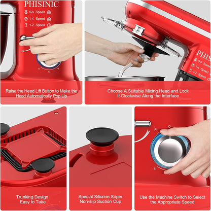 PHISINIC Keukenmachine kneedmachine 1500W deegmachine roermachine met 5,5 L roestvrijstalen kom 6 snelheden geluidsarme deegkneedmachine incl. 3-delige patisserieset en spatbescherming, rood