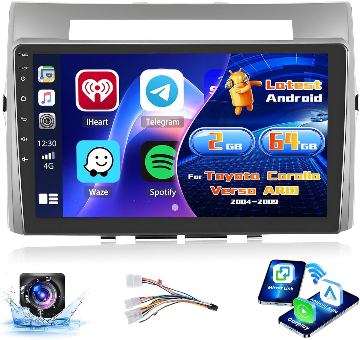 2+64G Radio voor Toyota Corolla Verso AR10 2004-2009 Android met Wireless CarPlay Android Auto, 9 Inch Autoscherm Bluetooth Soporta 26UI GPS FM EQ SWC AHD Achteruitrijcamera