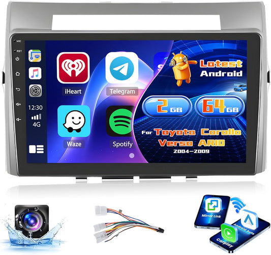 Inefala 2+64G Radio voor Toyota Corolla Verso AR10 2004-2009 Android met Wireless CarPlay Android Auto, 9 Inch Autoscherm Bluetooth Soporta 26UI GPS FM EQ SWC AHD Achteruitrijcamera
