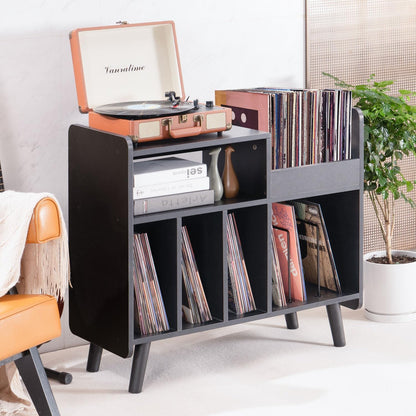 Mid-Century Record Player Stand with Vinyl Storage for Up to 350+ Albums, Vinyl Record Cabinet with Adjustable Shelves, (Black)