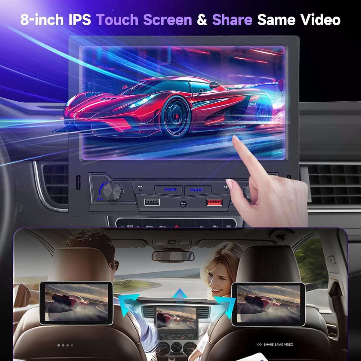 Hodozzy 1 Din Car Radio with Wireless Carplay Android Car, 1 DIN 8 Inch Touch Screen Car Radio with Bluetooth, FM/AM Radio, DSP, AUX, Steering Wheel Remote Control, Dual USB, Video Sync - QUORE