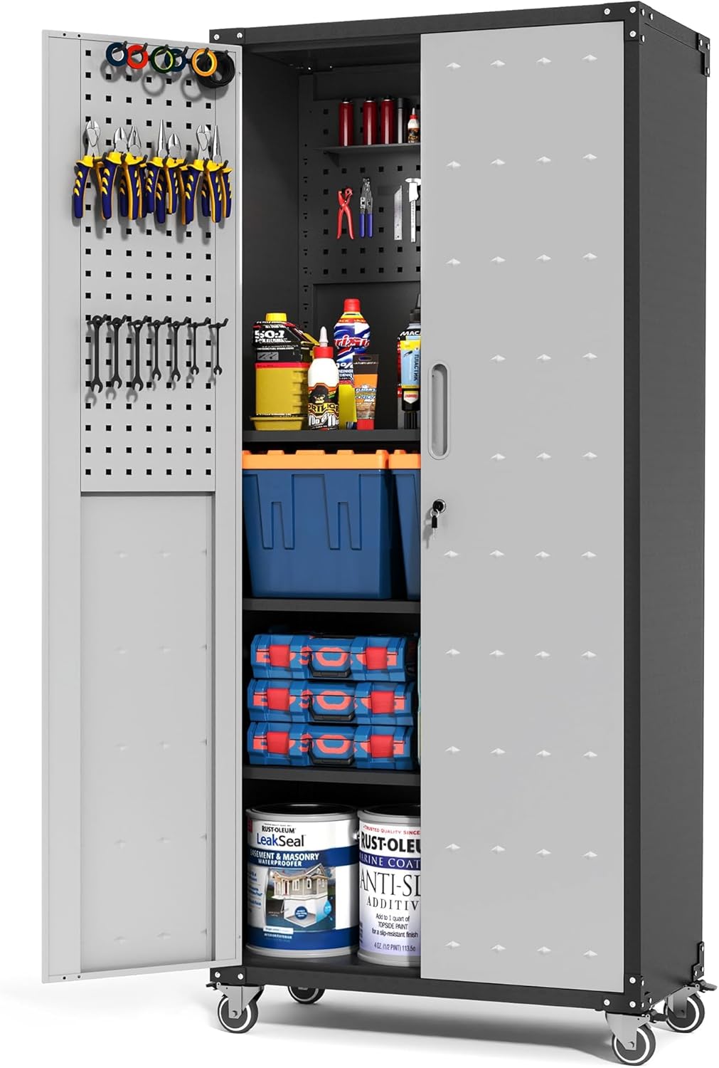 Metalen garagekast zwart/grijs – Gereedschapskast – Werkplaatskast – Opbergkast – Rollende gereedschapskast – 3 verstelbare planken en steekbord – 180 x 80 x 40 cm, koudgewalst staal