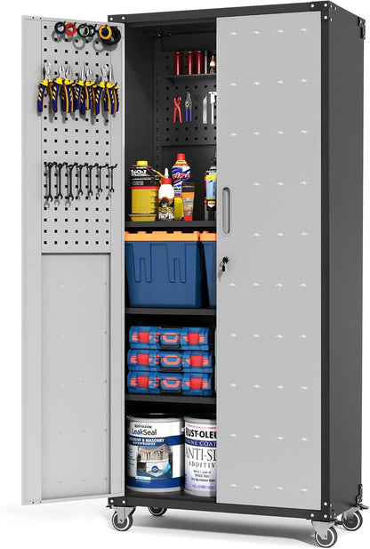 Metalen garagekast zwart/grijs – Gereedschapskast – Werkplaatskast – Opbergkast – Rollende gereedschapskast – 3 verstelbare planken en steekbord – 180 x 80 x 40 cm, koudgewalst staal