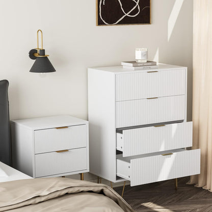 Ladecommode, houten 4 laden kast opbergorganizer, hoge hoogglans ladekast met gouden metalen poten voor slaapkamer, woonkamer, kast, hal, wit