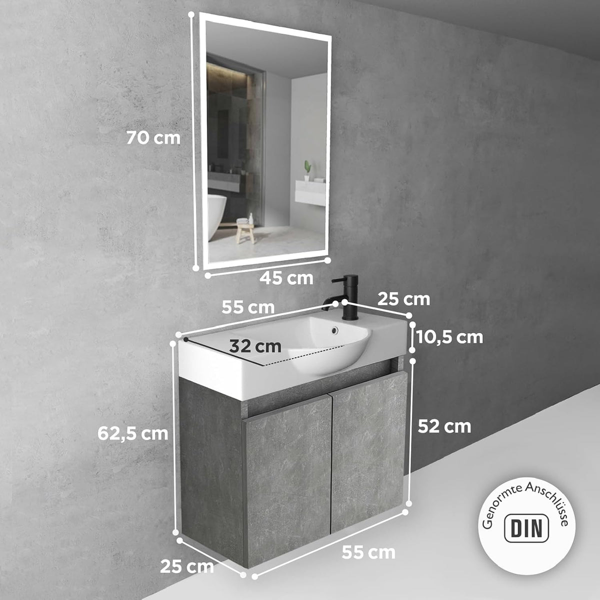 Alpenberger Bathroom Cabinet with Mirror, Bathroom Furniture Set, Sink with Base Cabinet and Bathroom Mirror with Lighting, Bathroom Cabinet with Basin, Basin Cabinet (Cement) - QUORE