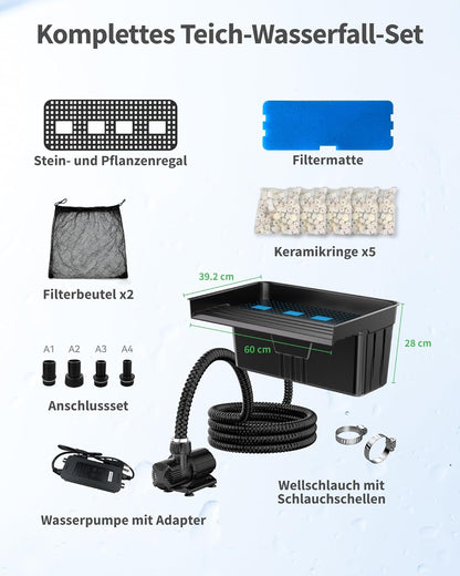POPOSOAP Vijverwaterval met 63 W DC-pomp (6000 l/h), 3 m golfslang, filtermedia, 60 cm overloop voor grote tuinvijverwaterspelletjes buiten