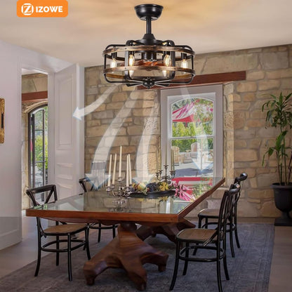 Plafondventilator met Verlichting Industriële Retro, Zwarte Metalen Kooi, Stille 3 Snelheden Reversibel Plafondventilator met Afstandsbediening, Vervangbaar 6x E14 Lamp voor Woonkamer Slaapkamer