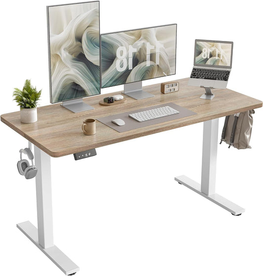 TIQLAB Height Adjustable Electric Standing Desk, 140 x 60cm, Sit-Stand Desk, Splice Board, Computer Home Office Desk, White Frame/Maple Top - QUORE