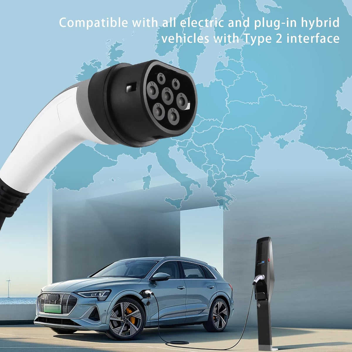 Oplaadkabel Type 2 22kW 32A voor Hybrid & Elektrisch Auto | 3-fasen | 3 Meter Type 2 Oplaadkabel, Laadkabel Elektrisch Auto Type 2 Compatibel met Model 3 ID.3 ID.4 e-Tron ZOE i3 Leaf Kona