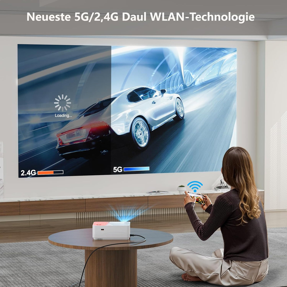 WiFi Bluetooth beamer, 4K, Android OS-projector, Native 1080P met autofocus, 800 ANSI lumen, mini-projector voor thuisbioscoop, outdoor, tuin, woonkamer, 9000+ apps, HDMI USB (wit)