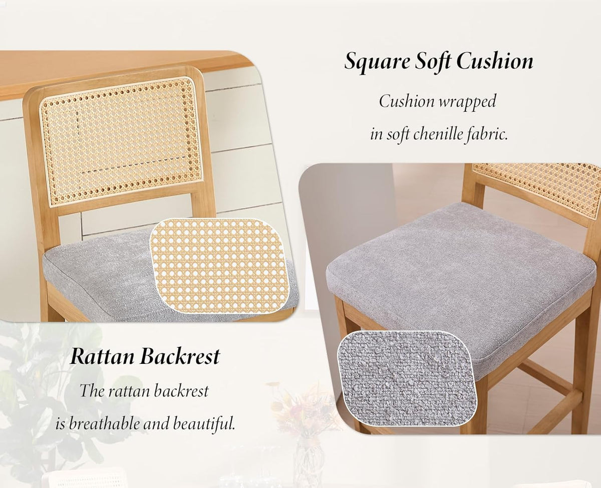Barstoelen – Barkrukken – Keukenstoelen – Eetkamerstoelen – Set van 2 – Rieten Rugleuning – Comfortabele Chenille Zitting – Massief Houten Poten – Grijs-Naturel - QUORE