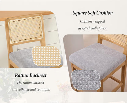 Barstoelen – Barkrukken – Keukenstoelen – Eetkamerstoelen – Set van 2 – Rieten Rugleuning – Comfortabele Chenille Zitting – Massief Houten Poten – Grijs-Naturel - QUORE