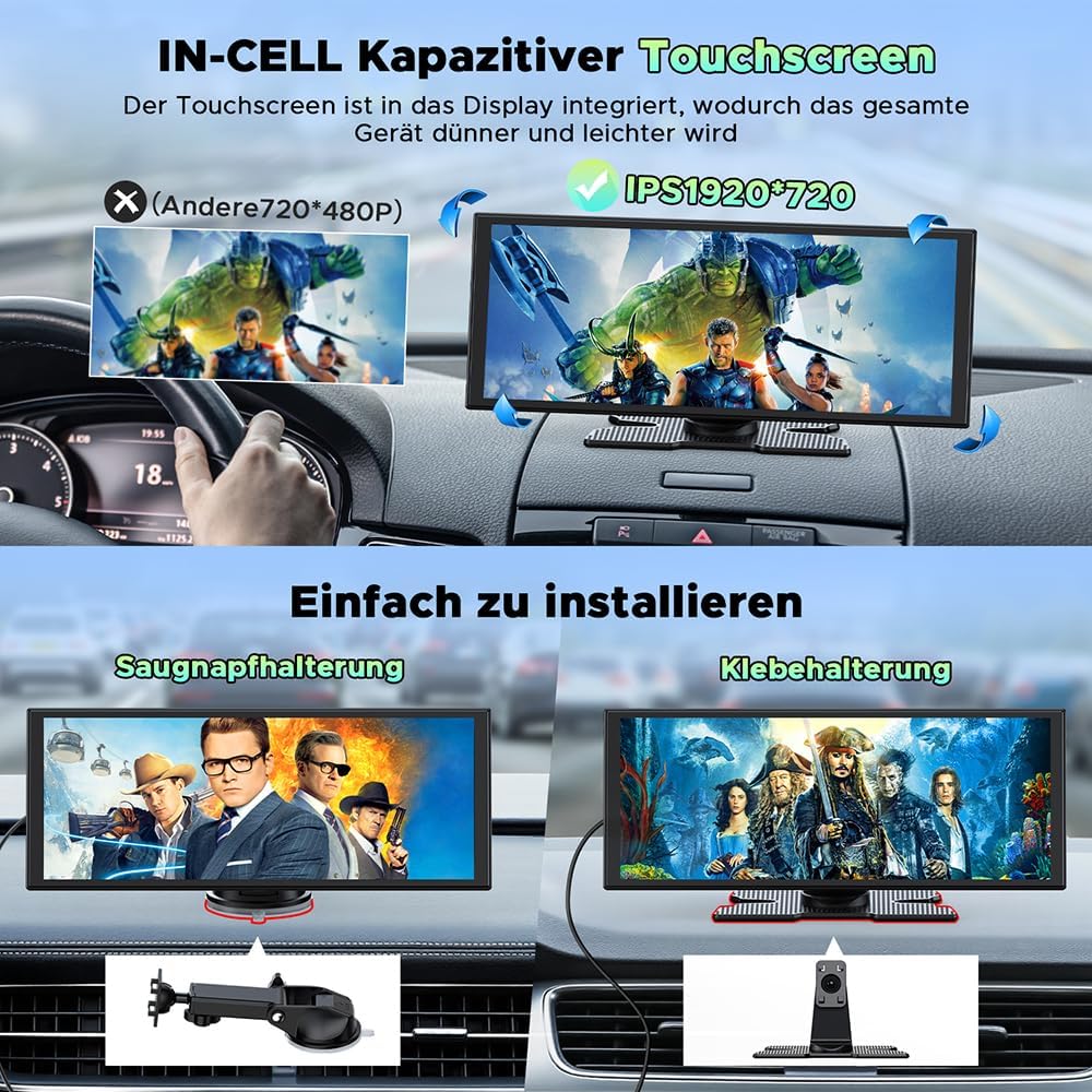 Draadloos CarPlay Display – Android Auto Scherm – Autoradio Touchscreen – Auto Multimediasysteem – In-Car Entertainment – 10,25 Inch In-Cell Touchscreen – Voor- en Achter Dashcam 2.5K + 1080p