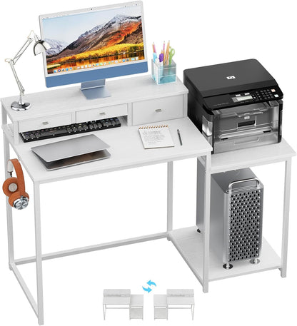 WOHOMO 47 inch computerbureau met printerplank, gamingbureau met monitorstandaard en laden, omkeerbaar thuiskantoor bureau met opbergplanken en 4 haken, thuiswerkstation voor studie schrijven, wit