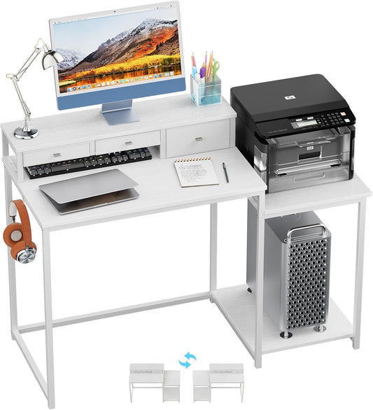 WOHOMO 47 inch computerbureau met printerplank, gamingbureau met monitorstandaard en laden, omkeerbaar thuiskantoor bureau met opbergplanken en 4 haken, thuiswerkstation voor studie schrijven, wit