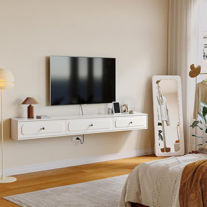 Retro drijvende tv-console met 3 deuren, 47" hoogglans drijvende tv-standaard, wandgemonteerde tv-kast, hedendaagse drijvende mediaconsole voor onder tv-opslag, woonkamer, slaapkamer (wit)