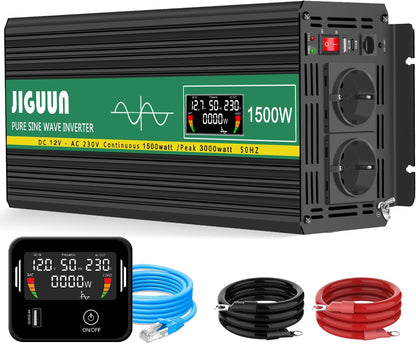 JIGUUN 1500W/3000W omvormer 12v naar 230v zuivere sinus Converter power inverter met afstandsbediening LCD-scherm 2 Eu-stopcontact & 1 USB-poort voor auto, camping, reizen,noodgeval