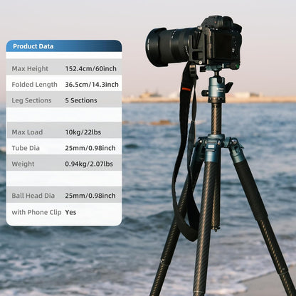 Fotopro 60 Inch Koolstofvezel Camera Statief met 360 Ball Head 1/4 Quick Release Plaat Lichtgewicht Professioneel Statief voor DSLR Opvouwbare Maat 360 Inch Max Laadt 10 kg