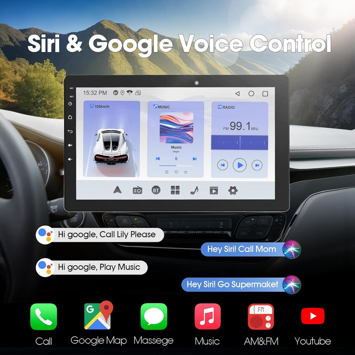 360° Draaibare Autoradio – 1 DIN Autoradio – Bluetooth Stereo – Draadloze CarPlay – Android Auto – 10,1 Inch IPS Touchscreen – Ingebouwde 720P Achteruitrijcamera & Stembediening