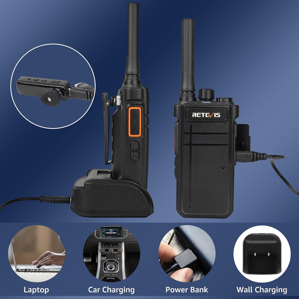 Retevis RB637 Bluetooth Walkie Talkies Oplaadbaar, PMR446 Professionele 2-weg radio met draadloze headset, 2000mAh, VOX, draadloze kloon twee-weg radio's (zwart, 4 stuks)