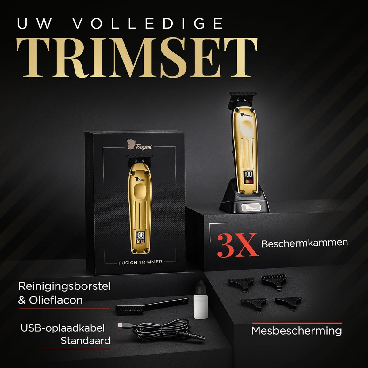 Tondeuse Goudkleurig – Trimmer – Baardtrimmer – Haartrimmer – Contourtrimmer – Borstelloze Motor – Zero Gap Messen