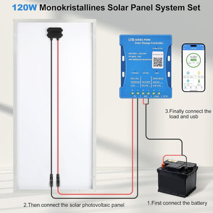 【120W Bluetooth&APP Zonnepaneelkit】DERUXI 120 W Caravan Zonnepanelen Set 0,5 kWh/dag Off-Grid voor RV Auto Boot Camping: 120W 12V Zonnepaneel+20A Bluetooth Laadcontroller+ 4 stuks Zonnekabel+Z-beugel