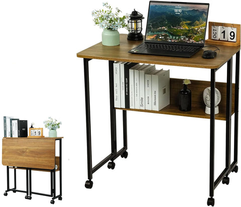 Computertafel - Computerbureau - Laptoptafel - Inklapbaar Kleine Tafel - Werktafel - Bijzettafel - met Wieltjes - Opvouwbare - IndustriëLe Stijl - voor - Thuis - Kantoor - 80 x 58 x 79 cm - Notenhout Verf