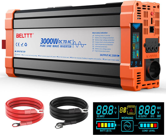 Omvormer – Spanningsomvormer – Inverter – Sinusomvormer – Zuivere Sinusomvormer 12 V Naar 230 V – 3000 W Continu Vermogen – 6000 W Piekvermogen