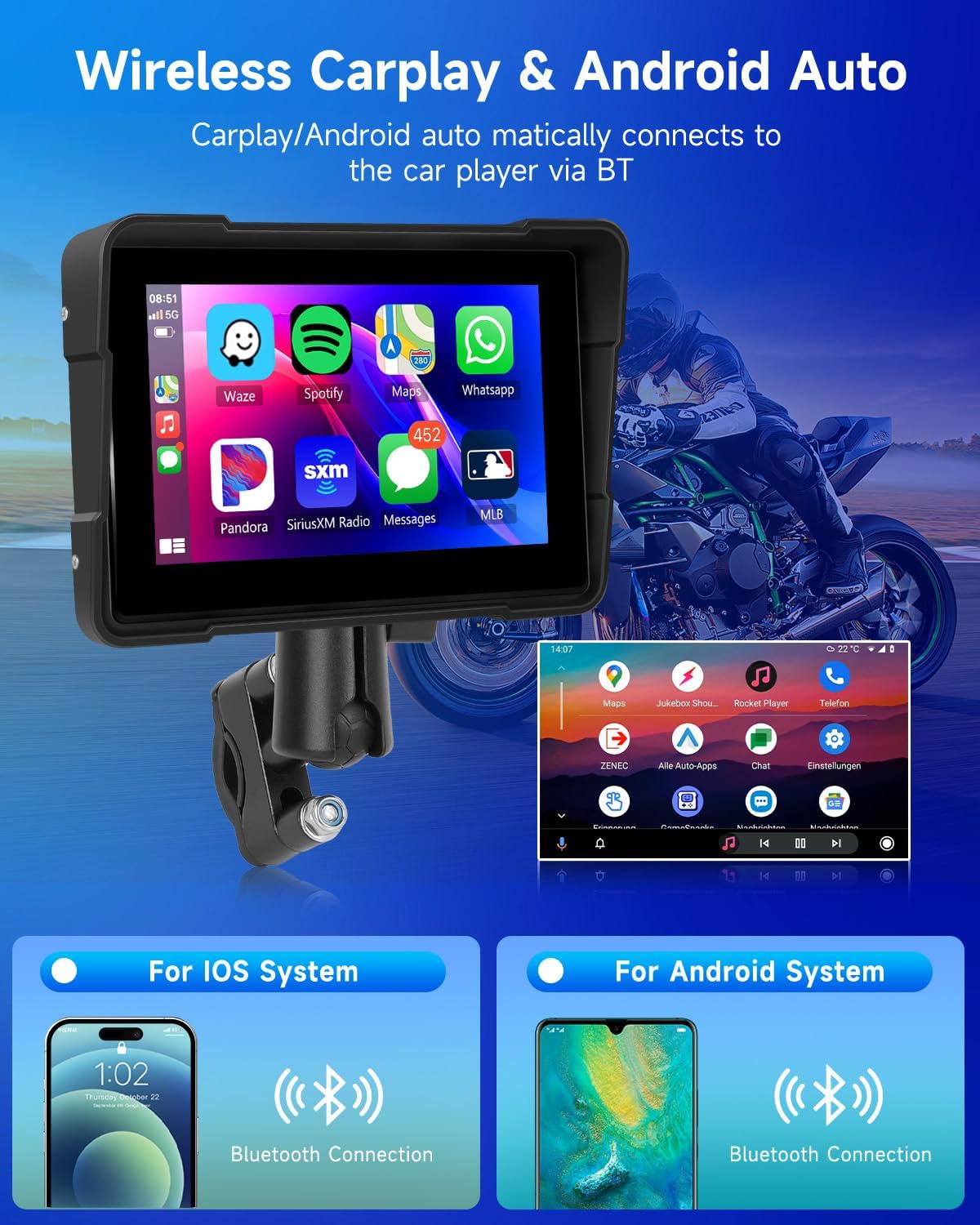 Rimoody Carplay 7 inch Scherm voor motorfiets, draadloos autodisplay met Airplay/Android Cast/Dual Bluetooth/navigatie/IP67