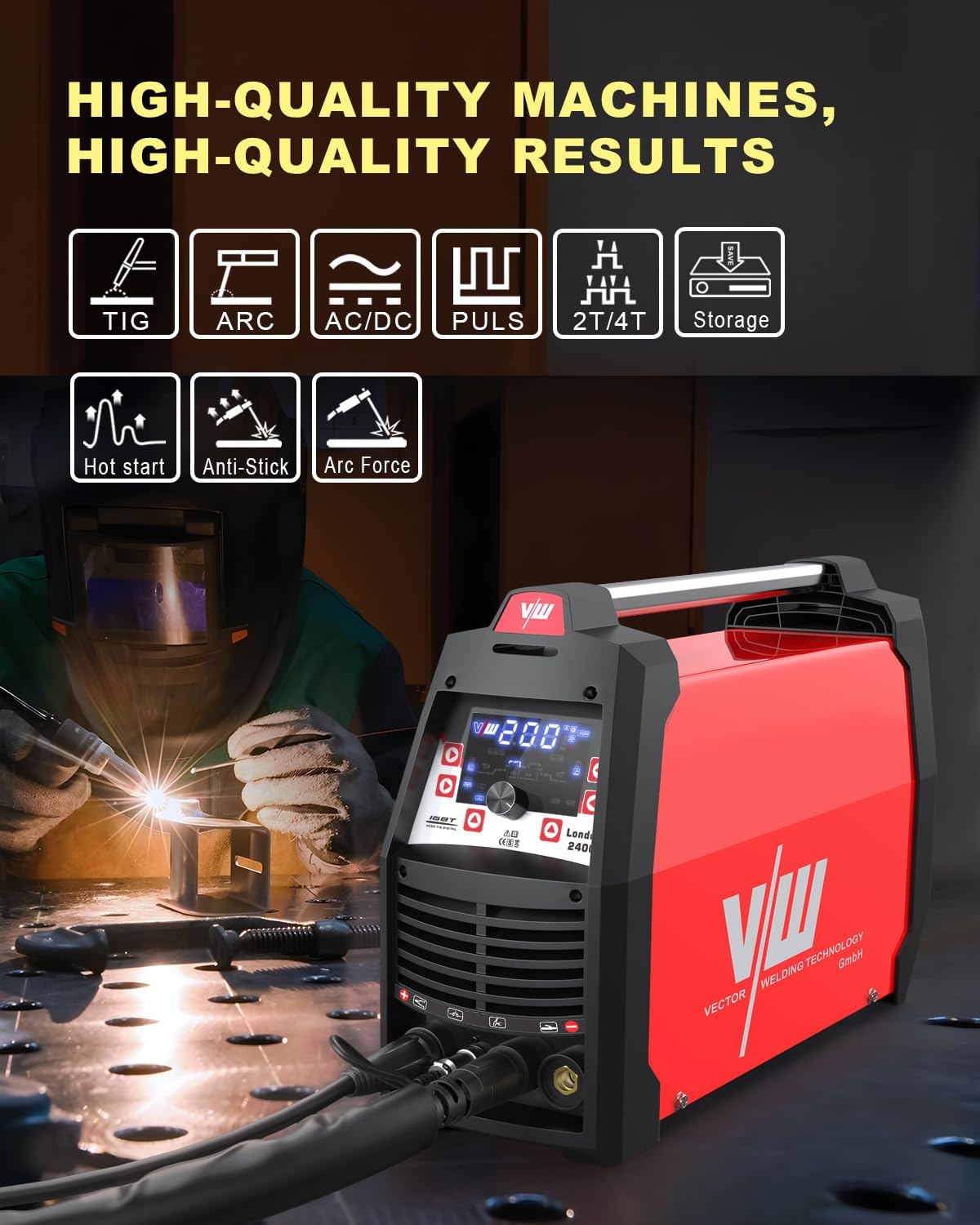 TIG lasapparaat AC DC met 200a en elektrode lasfunctie 170a | Aluminium lasapparaat - pulsfunctie - gas voor- & nastroom - stroom omhoog & omlaag - taakgeheugen - London 2400 van Vector Welding