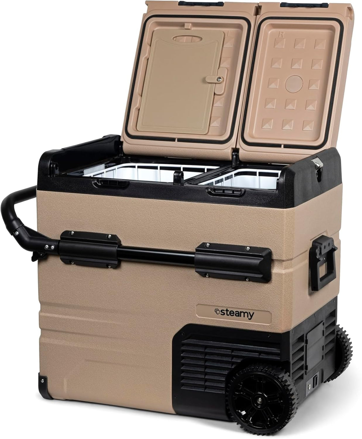 Steamy-E Dual Zone 55 Roller, Elektrische Compressor Koelbox op wielen, 54 Liter, Zandkleurig, 12V/230V, voor vriezen en koelen van -20 tot +20, ideaal voor op de camping