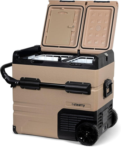 Steamy-E Dual Zone 55 Roller, Elektrische Compressor Koelbox op wielen, 54 Liter, Zandkleurig, 12V/230V, voor vriezen en koelen van -20 tot +20, ideaal voor op de camping