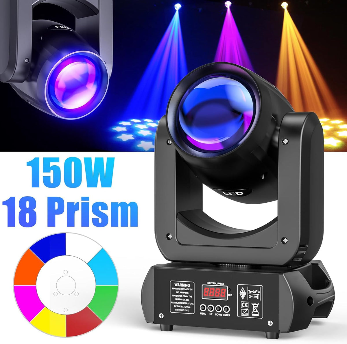 Movingheadlicht – Discolamp – Podiumverlichting – DJ Licht – LED Moving Head – 150W RGBW LED – 540° Draaibereik – 8 GOBO’s – DMX512 Geluidsgestuurd
